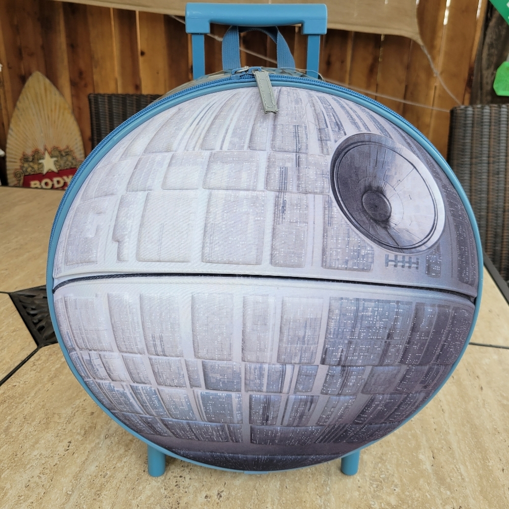 Disney Store Death Star rolling kid's Luggage NWT Star Wars blue & gray